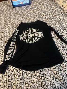 Harley-Davidson Black Long Sleeve Shield Logo Tee with White Sleeve Script